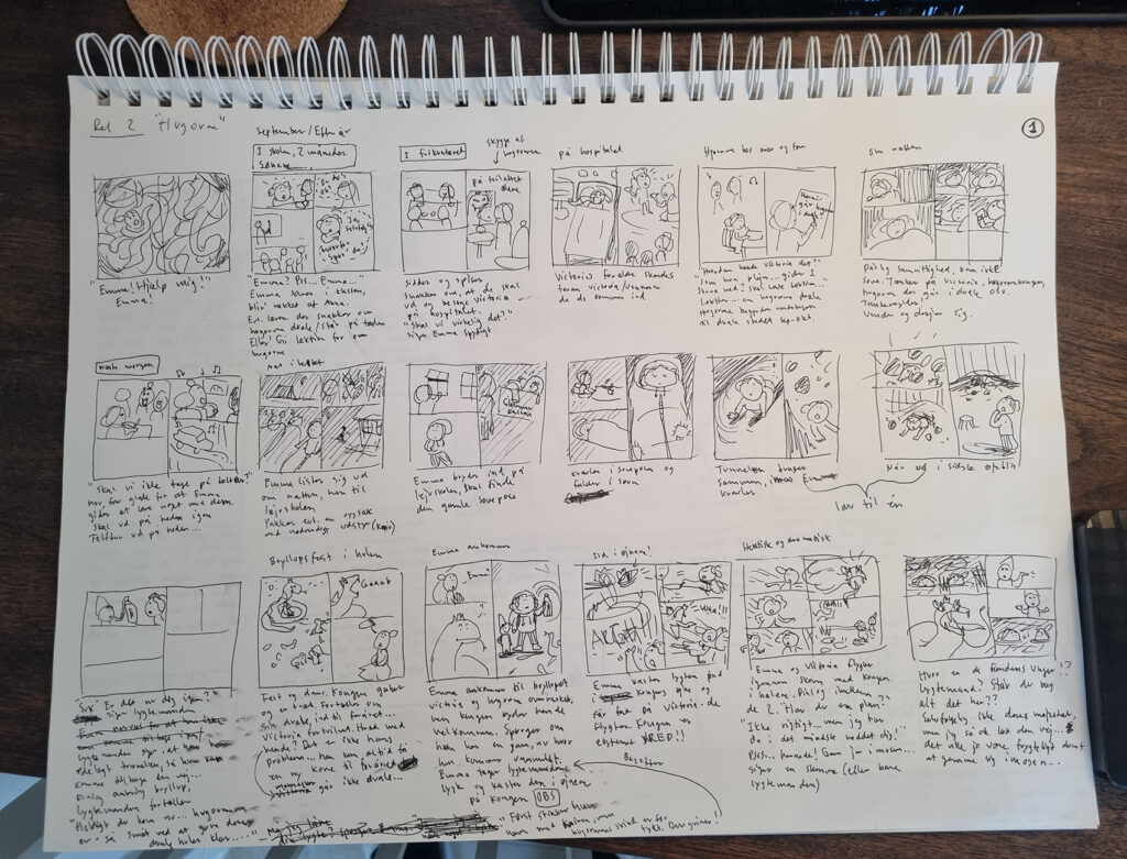 Thumbnails af historien. Thumbnails er de mikroskitser der går forud for skitserne, og som hjælper til at få styr på narrativet og sidernes layout.