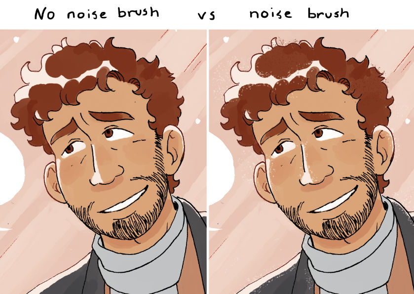 Billedeeksempel hvor man ser en tegning farvelagt uden noise brush og derefter med noise brush