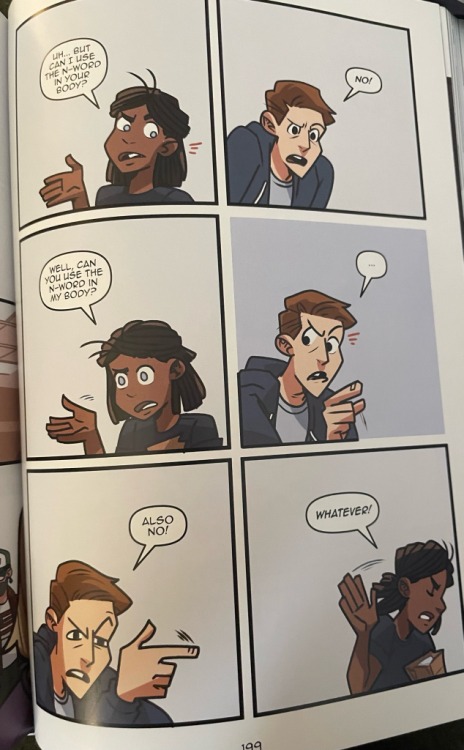 Side fra tegneserien Flip af Ngozi Ukazu. Hovedpersonerne diskuterer hvem der må bruge "the N word"